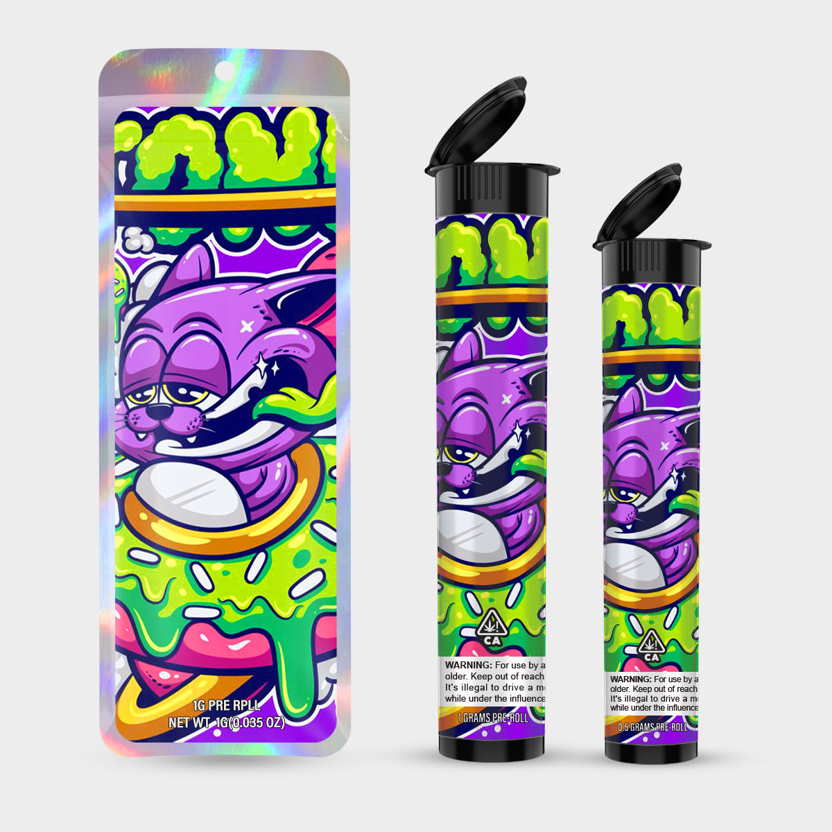 Purple Cat Donut 1g 0.5g Labeled Pre-Roll Tubes with Bag