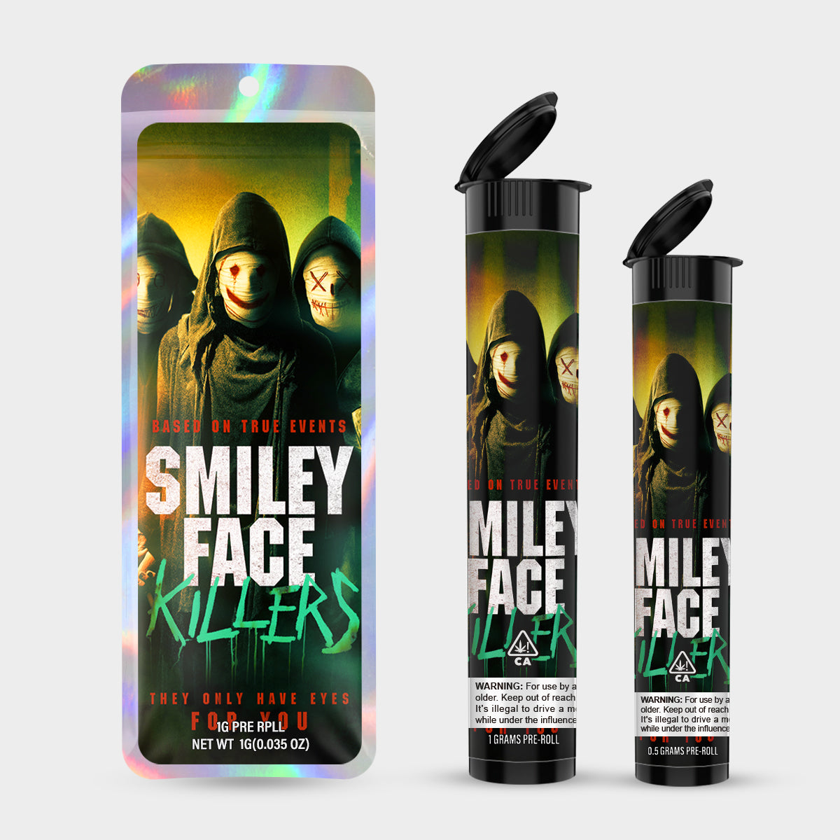Smiley Face Killers 1g 0.5g Labeled Pre-Roll Tubes with Bag
