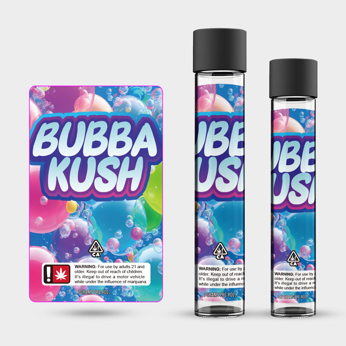 Bubba Kush 1g 0.5g Labeled Pre-Roll Glass Tubes