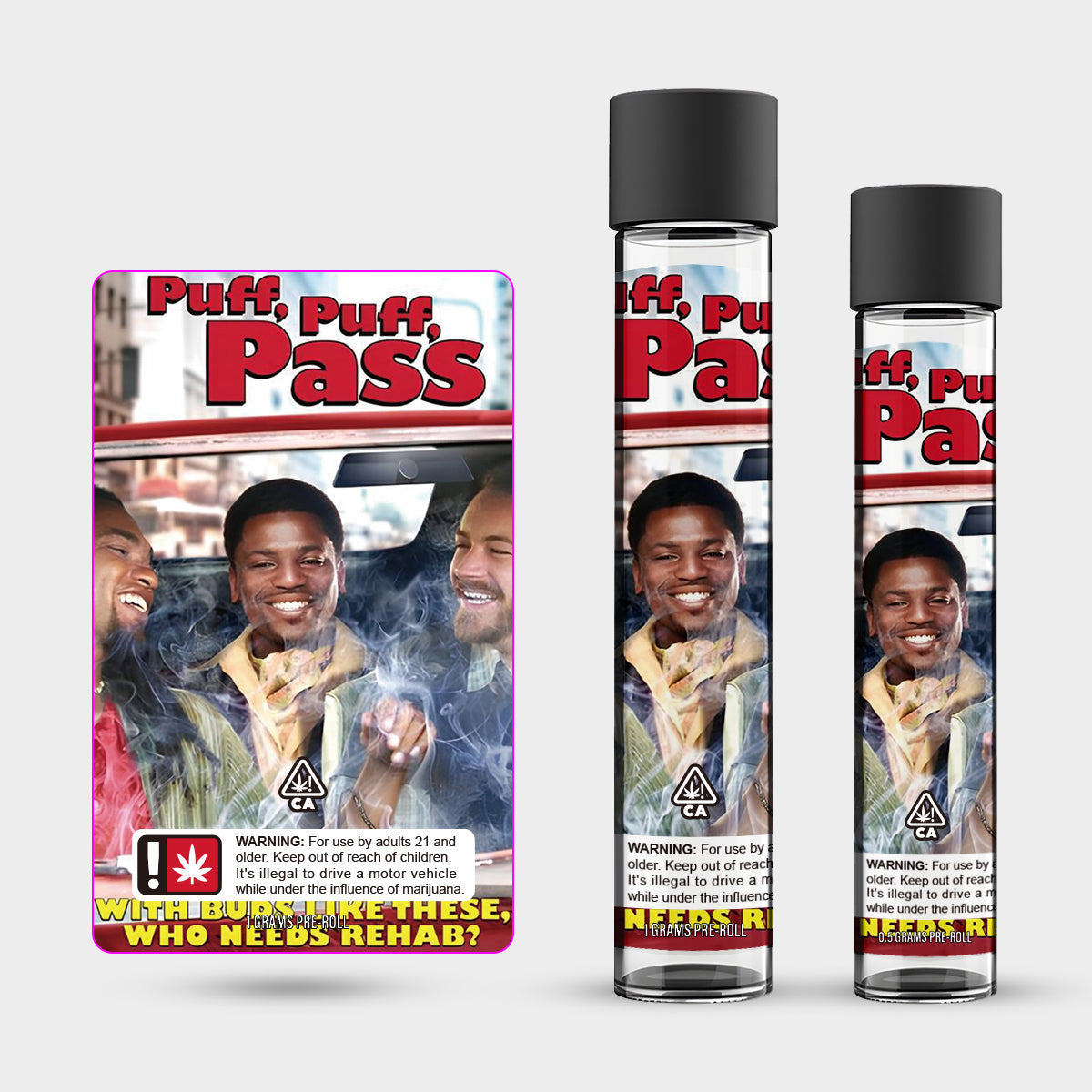 Puff Puff Pass 1g 0.5g Labeled Pre-Roll Glass Tubes