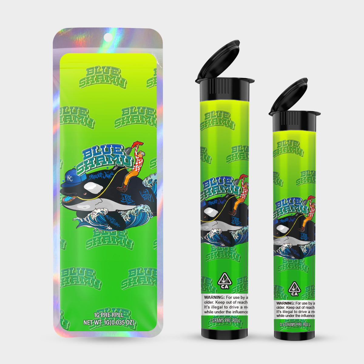 Blue Shamu 1g 0.5g Labeled Pre-Roll Tubes with Bag