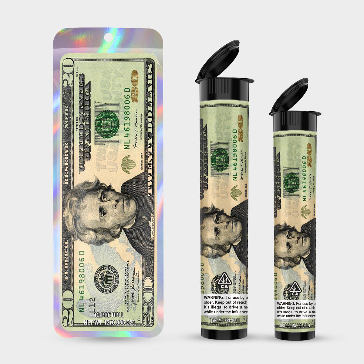 $20 1g 0.5g Labeled Pre-Roll Tubes with Bag