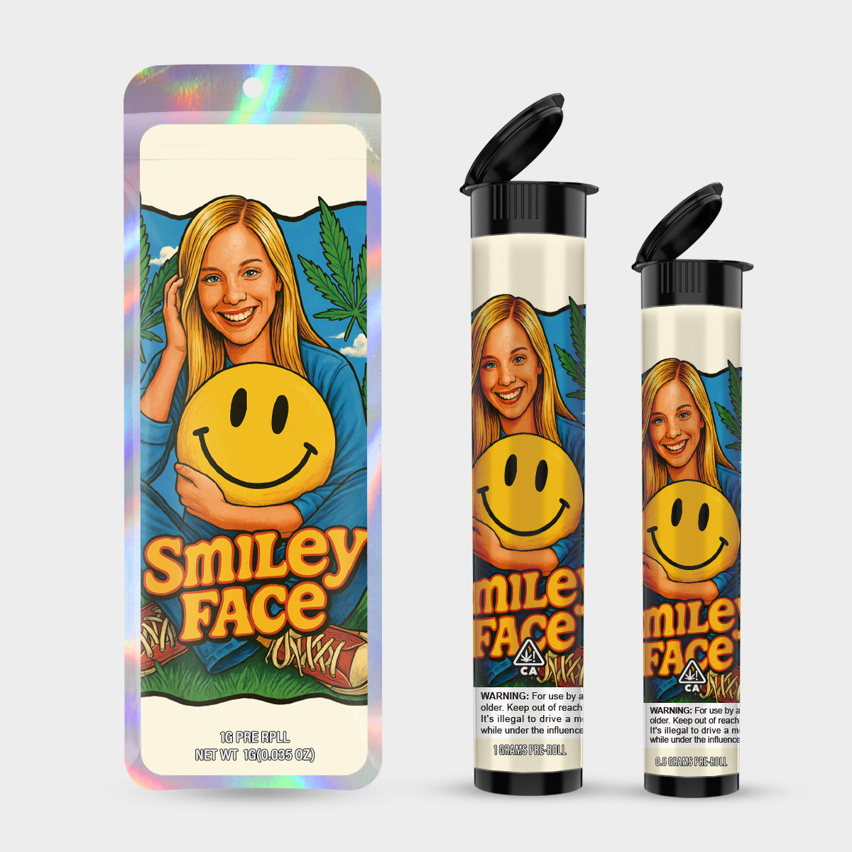 Smiley Face 1g 0.5g Labeled Pre-Roll Tubes with Bag
