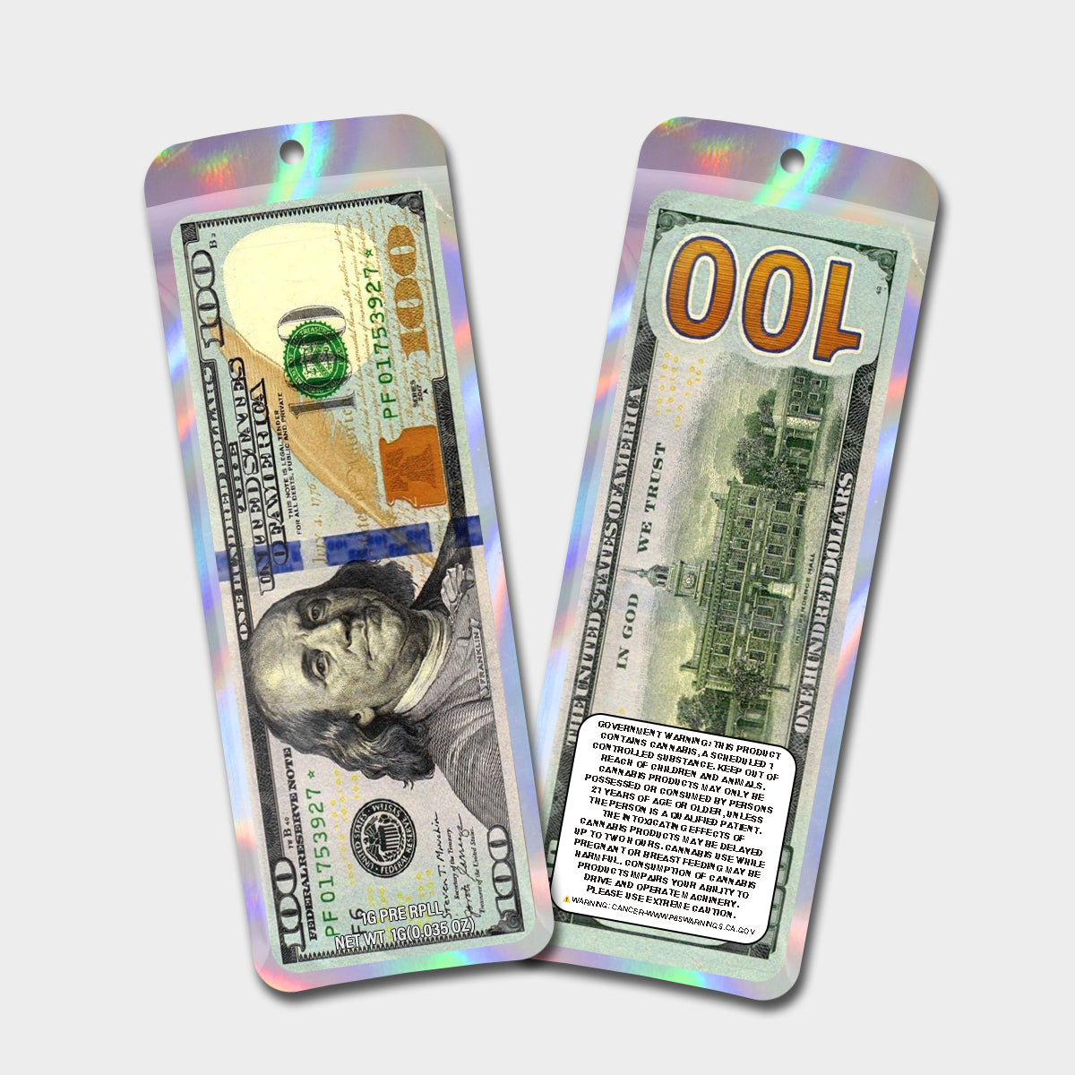 $100 1G Labeled Pre-Roll Mylar Bags