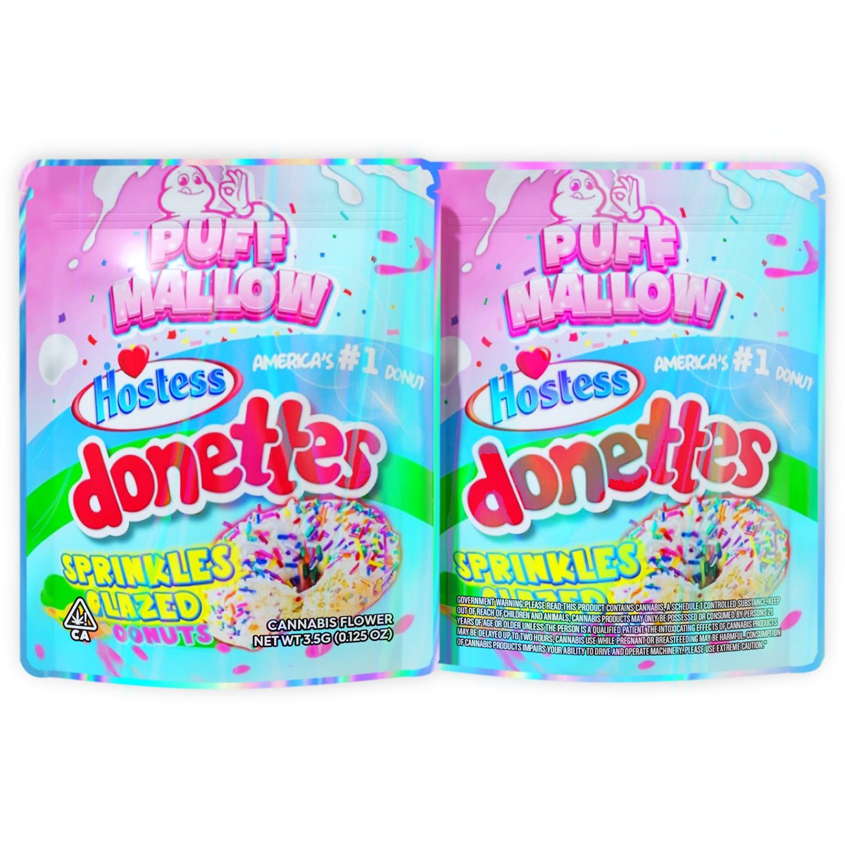 Puff Mallow Hostess Donettes Sprinkles Glazed DOnuts Mylar Bags 3.5 Grams