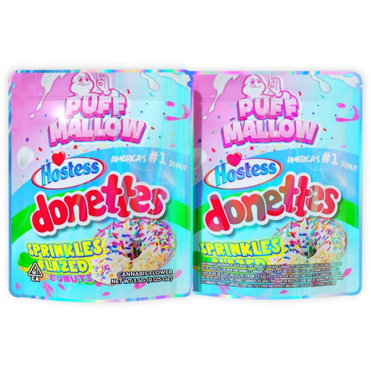 Puff Mallow Hostess Donettes Sprinkles Glazed DOnuts Mylar Bags 3.5 Grams