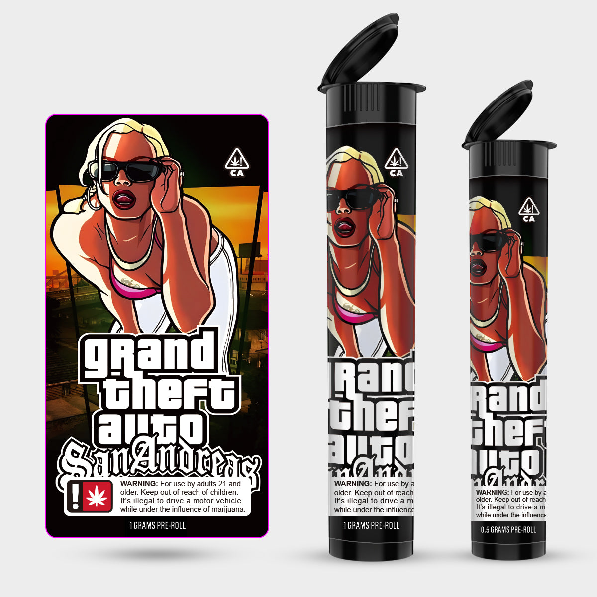 Grand Theft Auto San Andreas 1g 0.5g Labeled Pre-Roll Tubes