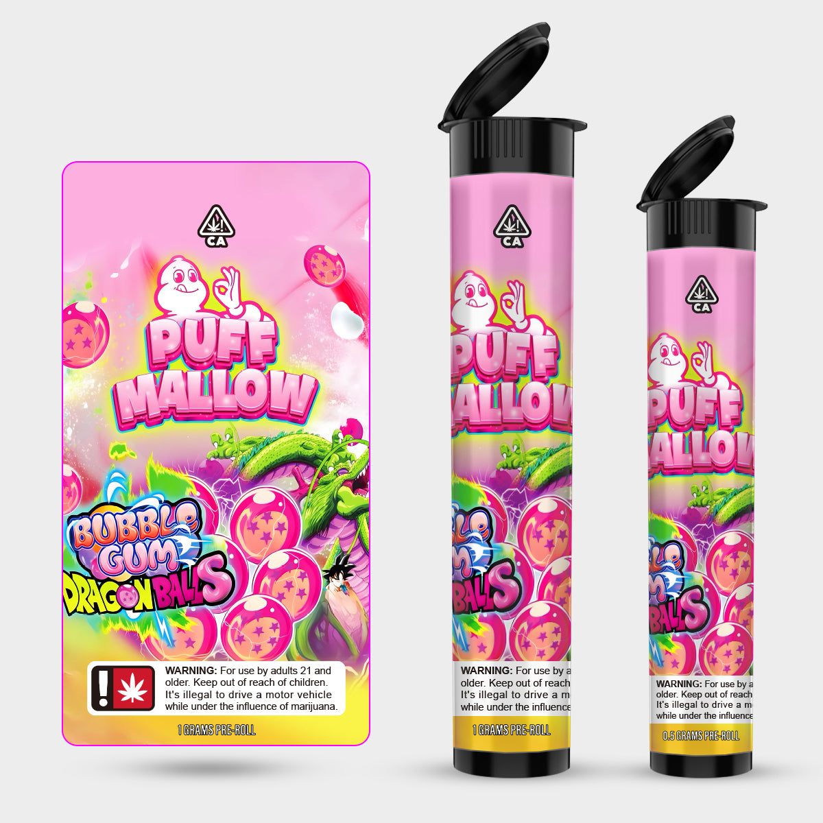 Puff Mallow Bubble Gum Dragon Balls 1g 0.5g Labeled Pre-Roll Tubes