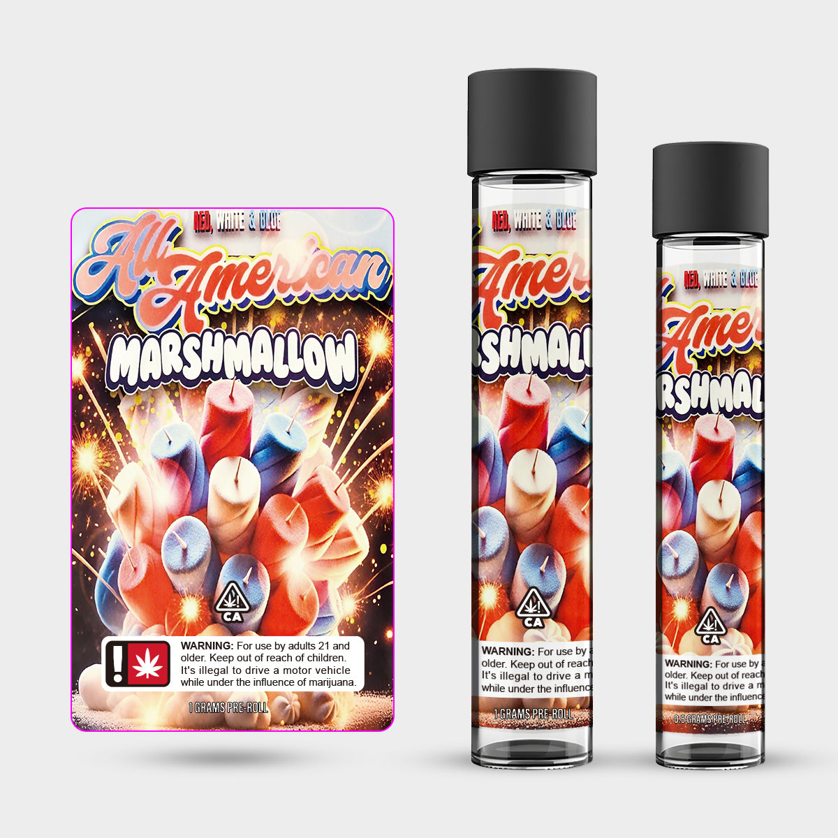 All American Marshmallow 1g 0.5g Labeled Pre-Roll Glass Tubes