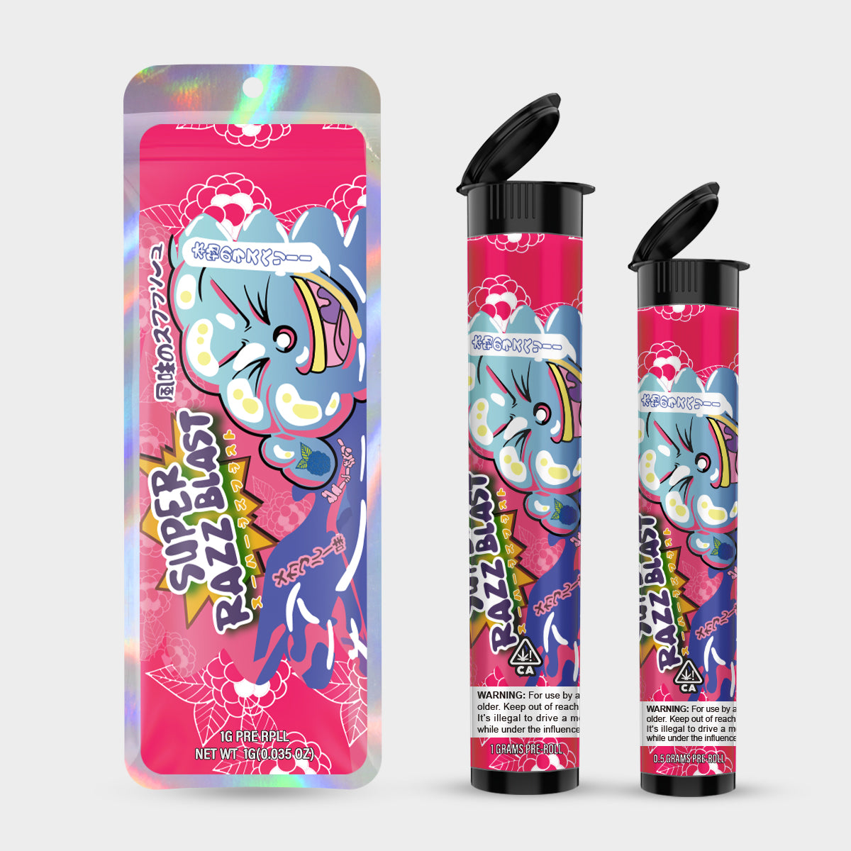 Super Razz Blast 1g 0.5g Labeled Pre-Roll Tubes with Bag
